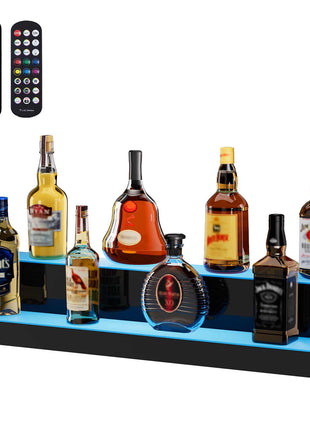LED backlit black liquor display shelf with eight bottle slots, featuring a remote for color customization.