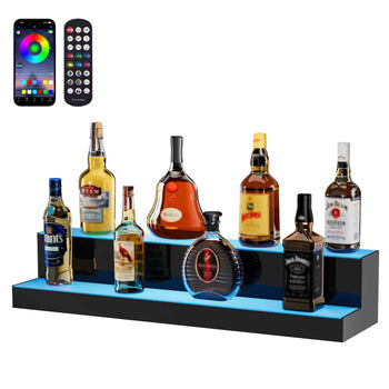 LED backlit black liquor display shelf with eight bottle slots, featuring a remote for color customization.