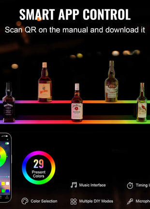LED liquor display shelf with smart app control, featuring a gradient of 29 present colors for modern bar styling.