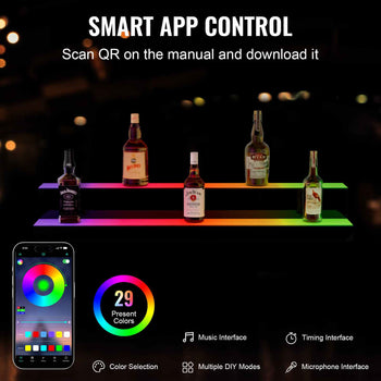 LED liquor display shelf with smart app control, featuring a gradient of 29 present colors for modern bar styling.
