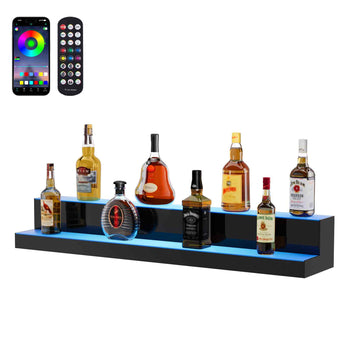 Black LED lighted bar shelf with remote, showcasing multiple liquor bottles in a modern style.