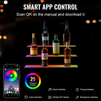 Multicolor LED bottle display shelf with smart app control, featuring sleek design and vibrant lighting options.