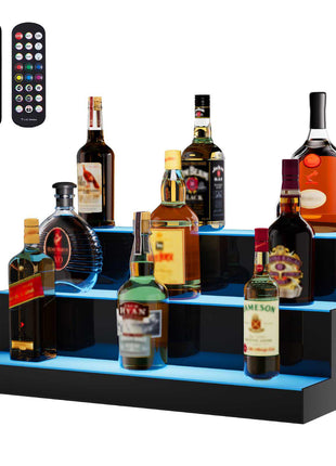 Modern black liquor display shelf with blue LED lighting, showcasing various glass bottles and a color remote control.
