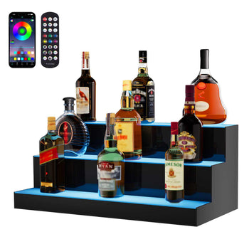 Modern black liquor display shelf with blue LED lighting, showcasing various glass bottles and a color remote control.