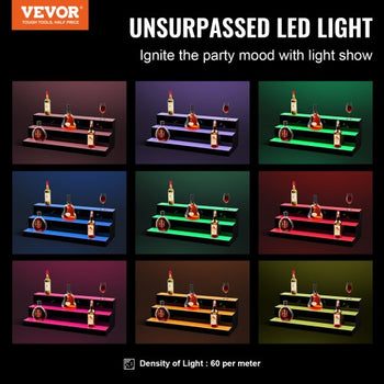 LED Lighted Liquor Bottle Display, 3 Tiers 30 Inch Commercial Illuminated Home Bar Shelf, 3 Steps Whiskey Rack Stand, Acrylic Drink Shelves with RF Remote & App Control, and Multicolor lighting