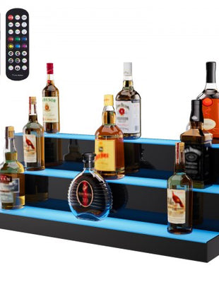 LED Lighted Liquor Bottle Display, 3 Tiers 30 Inch Commercial Illuminated Home Bar Shelf, 3 Steps Whiskey Rack Stand, Acrylic Drink Shelves with RF Remote & App Control, and Multicolor lighting