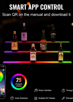 LED bar with 29 colors, app-controlled, styled for home bars, showcasing various liquor bottles against a dark background.