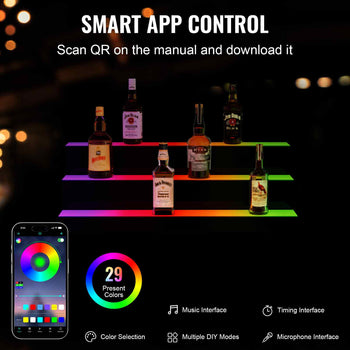 LED bar with 29 colors, app-controlled, styled for home bars, showcasing various liquor bottles against a dark background.