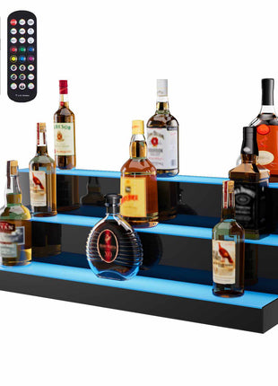 LED-lit black acrylic liquor display stand with three tiers for showcasing bottles, includes remote control for lighting.