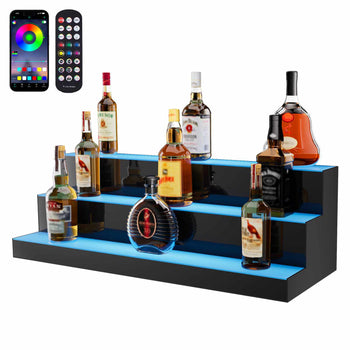 LED-lit black acrylic liquor display stand with three tiers for showcasing bottles, includes remote control for lighting.