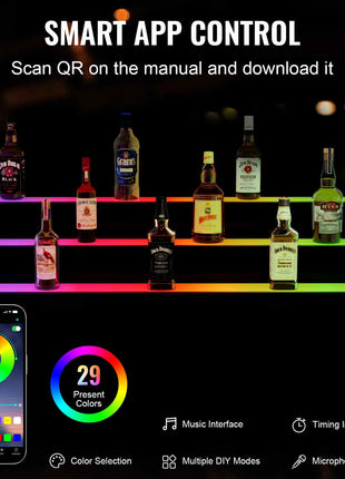 Smart app-controlled LED liquor shelf with 29 colors, multiple modes, and a sleek design, perfect for bars or home use.