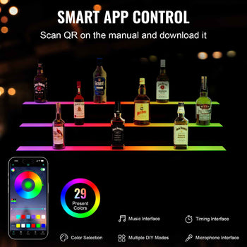 Smart app-controlled LED liquor shelf with 29 colors, multiple modes, and a sleek design, perfect for bars or home use.