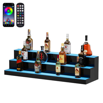 Black LED liquor display shelf with RGB remote control, featuring three tiers showcasing multiple whiskey bottles.