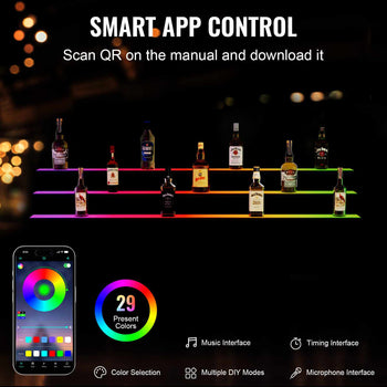 LED light bar with 29 colors, smart app control, displaying assorted liquor bottles in vibrant neon hues.