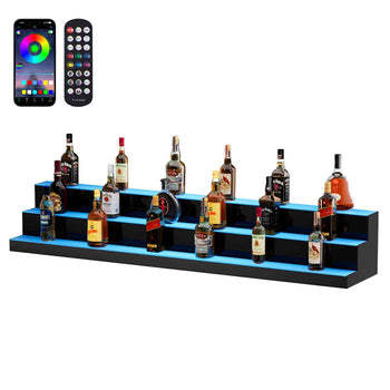 Black LED-lit liquor shelf with multiple tiers, showcasing various bottles for an elegant display. Remote control included.