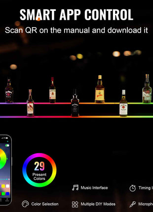 LED Lighted  Bottle Display, 2 Tiers 60 Inch Commercial Illuminated Home Bar Shelf, 2 Steps Whiskey Rack Stand, Acrylic Drink Shelves with RF Remote & App Control, and Multicolor lighting