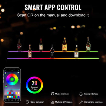 LED Lighted  Bottle Display, 2 Tiers 60 Inch Commercial Illuminated Home Bar Shelf, 2 Steps Whiskey Rack Stand, Acrylic Drink Shelves with RF Remote & App Control, and Multicolor lighting