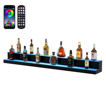 LED Lighted  Bottle Display, 2 Tiers 60 Inch Commercial Illuminated Home Bar Shelf, 2 Steps Whiskey Rack Stand, Acrylic Drink Shelves with RF Remote & App Control, and Multicolor lighting