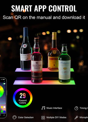 LED Lighted  Bottle Display, 2 Tiers 16 Inch Commercial Illuminated Home Bar Shelf, 2 Steps Whiskey Rack Stand, Acrylic Drink Shelves with RF Remote & App Control, and Multicolor lighting