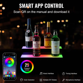 LED Lighted  Bottle Display, 2 Tiers 16 Inch Commercial Illuminated Home Bar Shelf, 2 Steps Whiskey Rack Stand, Acrylic Drink Shelves with RF Remote & App Control, and Multicolor lighting