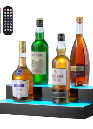 LED Lighted  Bottle Display, 2 Tiers 16 Inch Commercial Illuminated Home Bar Shelf, 2 Steps Whiskey Rack Stand, Acrylic Drink Shelves with RF Remote & App Control, and Multicolor lighting