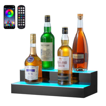 LED Lighted  Bottle Display, 2 Tiers 16 Inch Commercial Illuminated Home Bar Shelf, 2 Steps Whiskey Rack Stand, Acrylic Drink Shelves with RF Remote & App Control, and Multicolor lighting