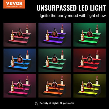 LED Lighted Liquor Bottle Display, 3 Tiers 16 Inch Commercial Illuminated Home Bar Shelf, 3 Steps Whiskey Rack Stand, Acrylic Drink Shelves with RF Remote & App Control, and Multicolor lighting