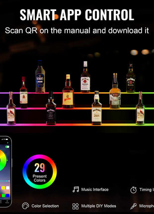 LED Lighted  Bottle Display, 3 Tiers 48 Inch Commercial Illuminated Home Bar Shelf, 3 Steps Whiskey Rack Stand, Acrylic Drink Shelves with RF Remote & App Control, and Multicolor lighting