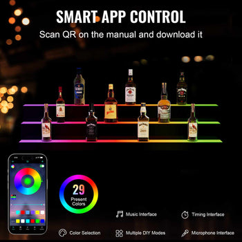 LED Lighted  Bottle Display, 3 Tiers 48 Inch Commercial Illuminated Home Bar Shelf, 3 Steps Whiskey Rack Stand, Acrylic Drink Shelves with RF Remote & App Control, and Multicolor lighting