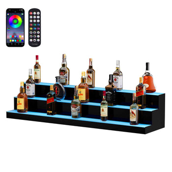 LED Lighted  Bottle Display, 3 Tiers 48 Inch Commercial Illuminated Home Bar Shelf, 3 Steps Whiskey Rack Stand, Acrylic Drink Shelves with RF Remote & App Control, and Multicolor lighting