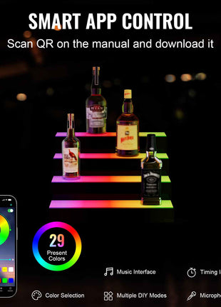 LED Lighted  Bottle Display, 4 Tiers 16 Inch Commercial Illuminated Home Bar Shelf, 4 Steps Whiskey Rack Stand, Acrylic Drink Shelves with RF Remote & App Control, and Multicolor lighting
