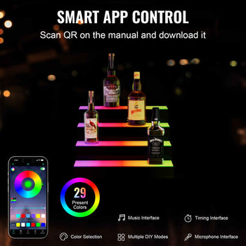 LED Lighted  Bottle Display, 4 Tiers 16 Inch Commercial Illuminated Home Bar Shelf, 4 Steps Whiskey Rack Stand, Acrylic Drink Shelves with RF Remote & App Control, and Multicolor lighting