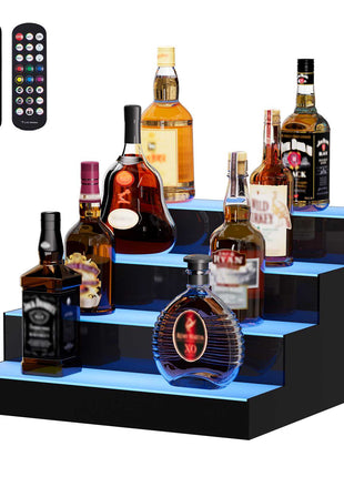 LED Lighted  Bottle Display, 4 Tiers 16 Inch Commercial Illuminated Home Bar Shelf, 4 Steps Whiskey Rack Stand, Acrylic Drink Shelves with RF Remote & App Control, and Multicolor lighting