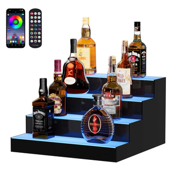 LED Lighted  Bottle Display, 4 Tiers 16 Inch Commercial Illuminated Home Bar Shelf, 4 Steps Whiskey Rack Stand, Acrylic Drink Shelves with RF Remote & App Control, and Multicolor lighting
