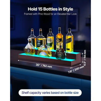 LED Lighted Liquor Bottle Display, 2-Tier 30-Inch Whiskey Rack, Support USB, Illuminated Home Bar Shelf with RF Remote & App Control, 7 Static Colors, Acrylic+ Wood Lighted Shelf for 15 Bottles