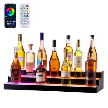 LED Lighted  Bottle Display, 3 Tiers 30 inches, Acrylic Illuminated Home Bar Shelf Display with RF Remote & App Control, DIY Setup with Type-C Cables, 9 Static Colors, for 21-30 Bottles