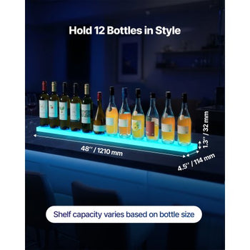 LED Lighted Liquor Bottle Display, 1-Tier 48 Inches Whiskey Rack, Supports USB, Illuminated Home Bar Shelf with RF Remote & App Control, 7 Static Colors, Acrylic Lighted Shelf for 12 Bottles