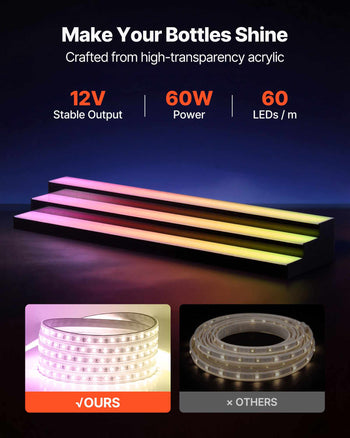 LED Lighted  Bottle Display, 3 Tiers 48 inches, Acrylic Illuminated Home Bar Shelf Display with RF Remote & App Control, DIY Setup with Type-C Cables, 9 Static Colors, for 36-48 Bottles