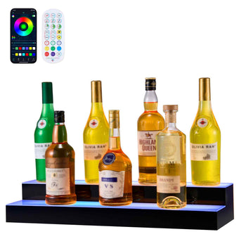 LED Lighted  Bottle Display, 2 Tiers 24 inches, Supports USB, Acrylic Illuminated Home Bar Shelf Display with RF Remote & App Control, 9 Static Colors, Timing Mode, for 12-16 Bottles