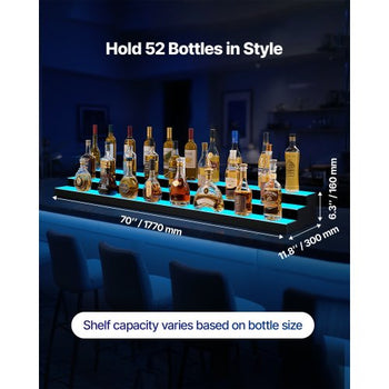 LED Lighted Liquor Bottle Display, 3-Tier 70 Inch, Illuminated Home Bar Shelf with RF Remote & App Control, 7 Static Colors, Acrylic Lighted Whiskey Shelf for 52 Bottles, Powered by Adapter Only