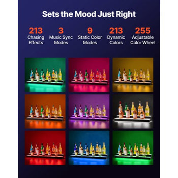LED Lighted Liquor Bottle Display, 2 Tiers 40 inches, Supports USB, Acrylic Illuminated Home Bar Shelf Display with RF Remote & App Control, 9 Static Colors, Timing Mode, for 20-28 Bottles