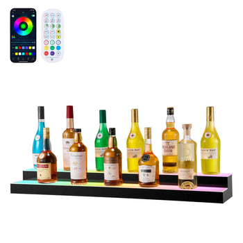 LED Lighted  Bottle Display, 2 Tiers 40 inches, Supports USB, Acrylic Illuminated Home Bar Shelf Display with RF Remote & App Control, 9 Static Colors, Timing Mode, for 20-28 Bottles