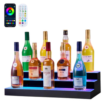 LED Lighted  Bottle Display, 3 Tiers 24 inches, Supports USB, Acrylic Illuminated Home Bar Shelf Display with RF Remote & App Control, 9 Static Colors, Timing Mode, for 18-24 Bottles