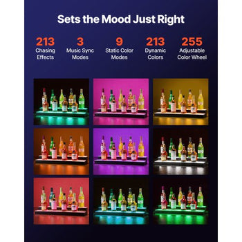 LED Lighted Liquor Bottle Display, 2 Tiers 30 inches, Supports USB, Acrylic Illuminated Home Bar Shelf Display with RF Remote & App Control, 9 Static Colors, Timing Mode, for 14-20 Bottles