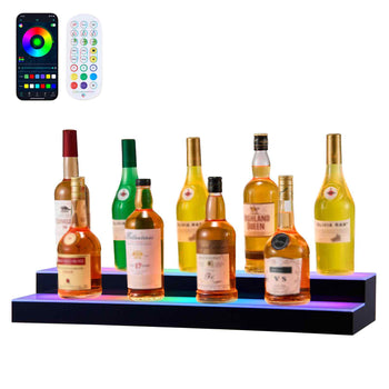 LED Lighted  Bottle Display, 2 Tiers 30 inches, Supports USB, Acrylic Illuminated Home Bar Shelf Display with RF Remote & App Control, 9 Static Colors, Timing Mode, for 14-20 Bottles