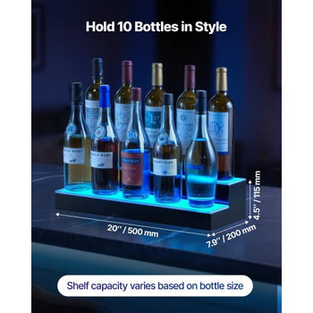 LED Lighted Liquor Bottle Display, 2 Tiers 20 Inches Whiskey Rack, Supports USB, Illuminated Home Bar Shelf with RF Remote & App Control, 9 Static Colors, Acrylic Lighted Shelf for 10 Bottles