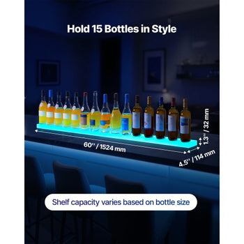 LED Lighted Liquor Bottle Display, 1-Tier 60 Inches Whiskey Rack, Supports USB, Illuminated Home Bar Shelf with RF Remote & App Control, 7 Static Colors, Acrylic Lighted Shelf for 15 Bottles