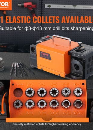 Drill Bits Sharpener, MR-13A End Mill Grinder Sharpener 3-13mm, 95° to 135° Point Angle Adjustable Drill Bit Re-Sharpener, Portable Bits Sharpening Machine with 11 Collets, CBN Wheel for HSS
