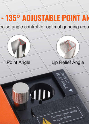 Adjustable point angle tool, orange and black, precise grinding control from 95° to 135°, ideal for sharp angles.