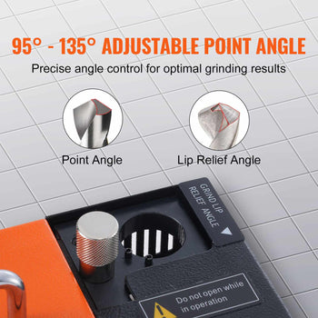 Adjustable point angle tool, orange and black, precise grinding control from 95° to 135°, ideal for sharp angles.